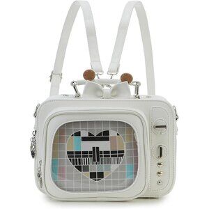 Retro TV Shaped Ita Backpack with Pin Display and Inserts White Crossbody Purse